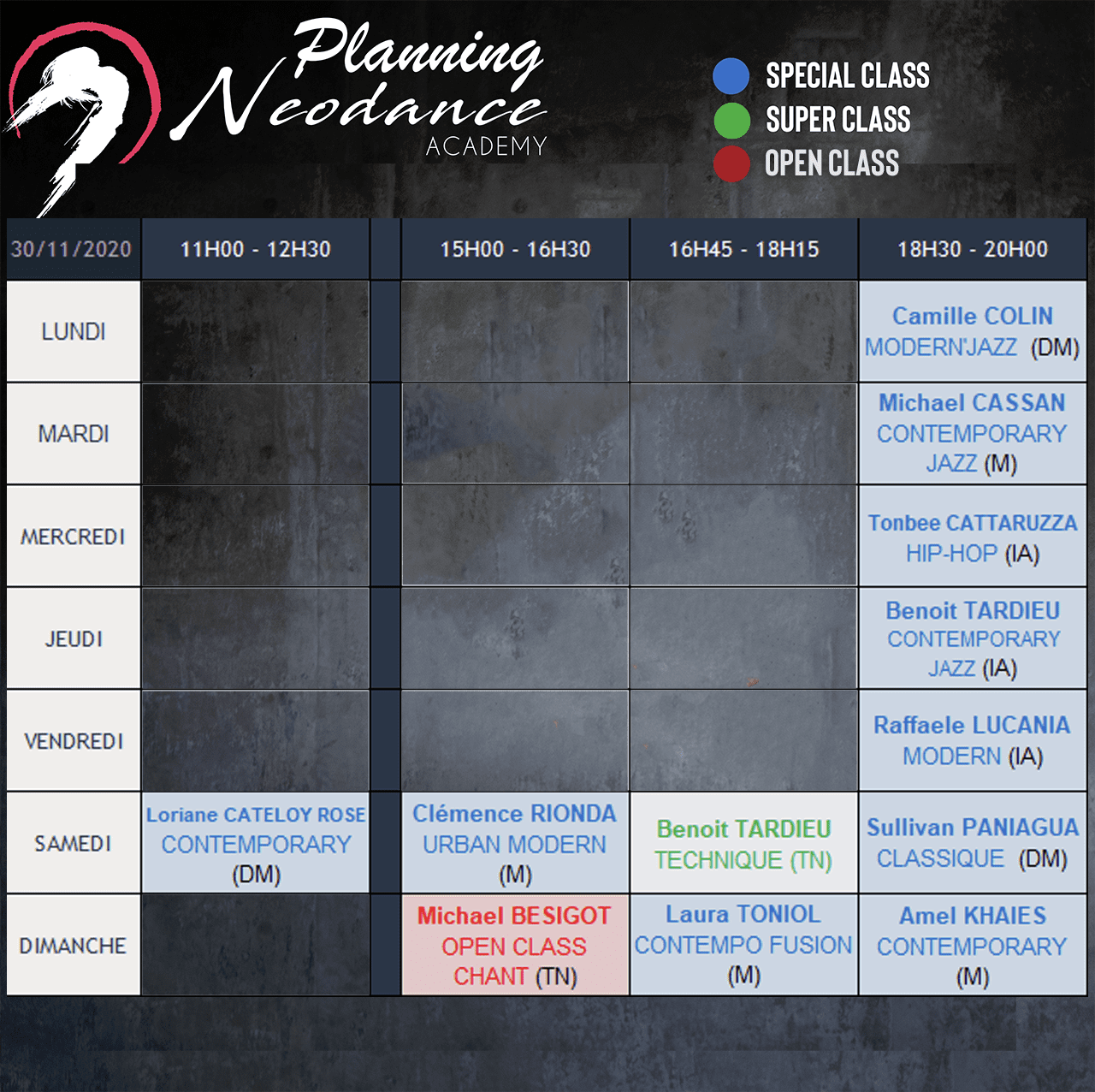 Planning Special Class Semaine du 30 Novembre 2020 Planning Special Class Neodance Academy 2 Novembre